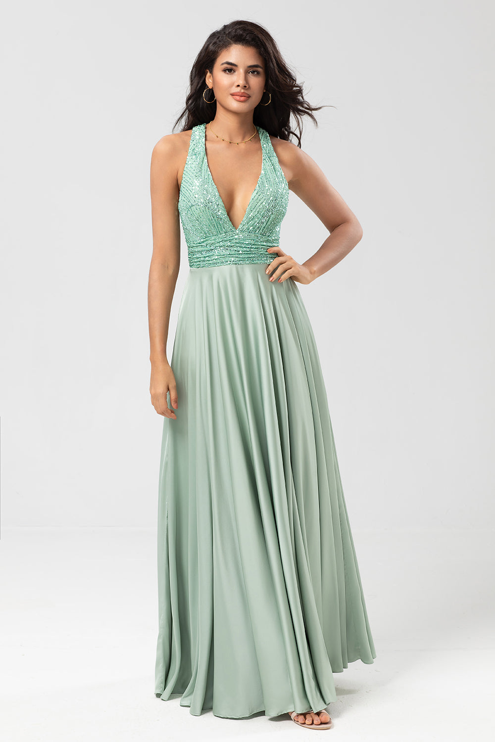 Robe de demoiselle d'honneur à sequins col V scintillante couleur matcha