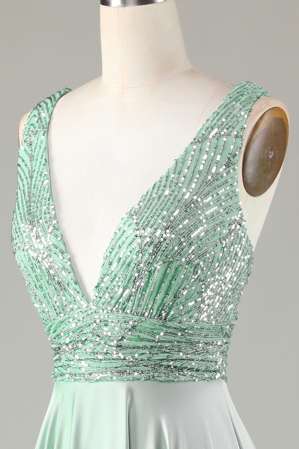 Robe de demoiselle d'honneur à sequins col V scintillante couleur matcha
