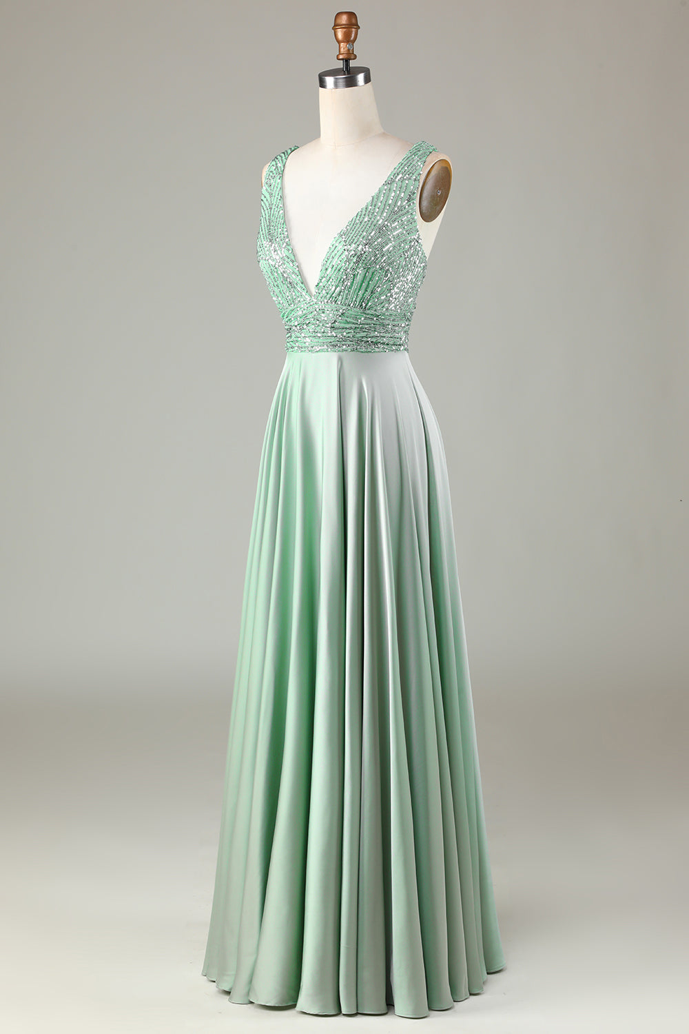 Robe de demoiselle d'honneur à sequins col V scintillante couleur matcha