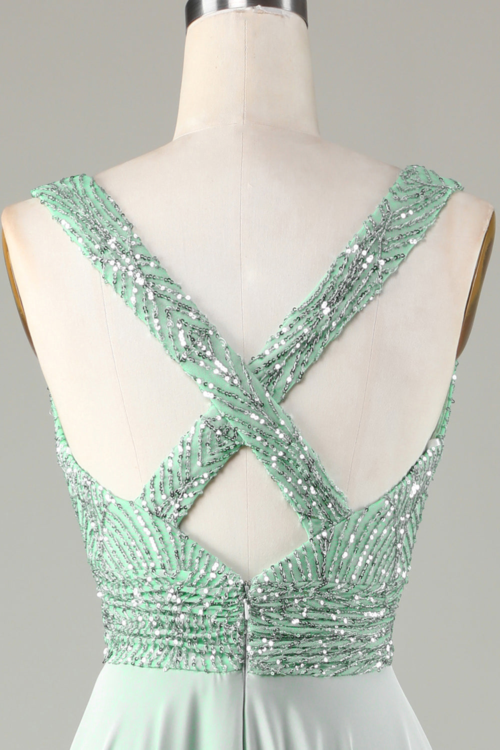 Robe de demoiselle d'honneur à sequins col V scintillante couleur matcha