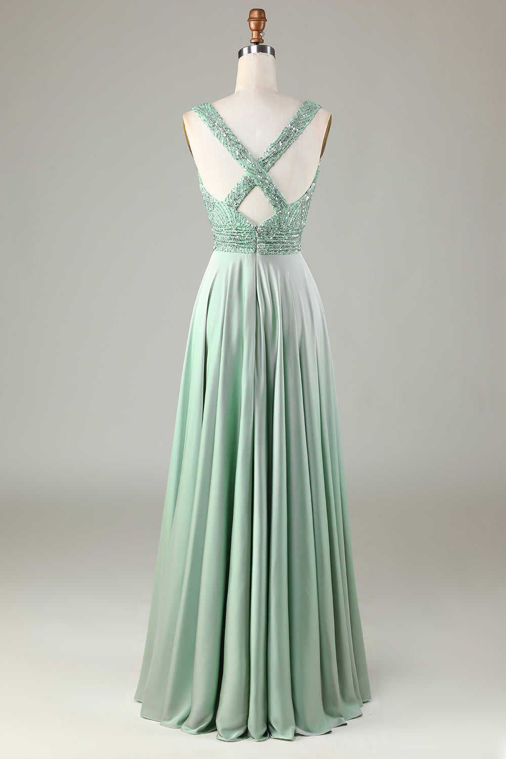 Robe de demoiselle d'honneur à sequins col V scintillante couleur matcha