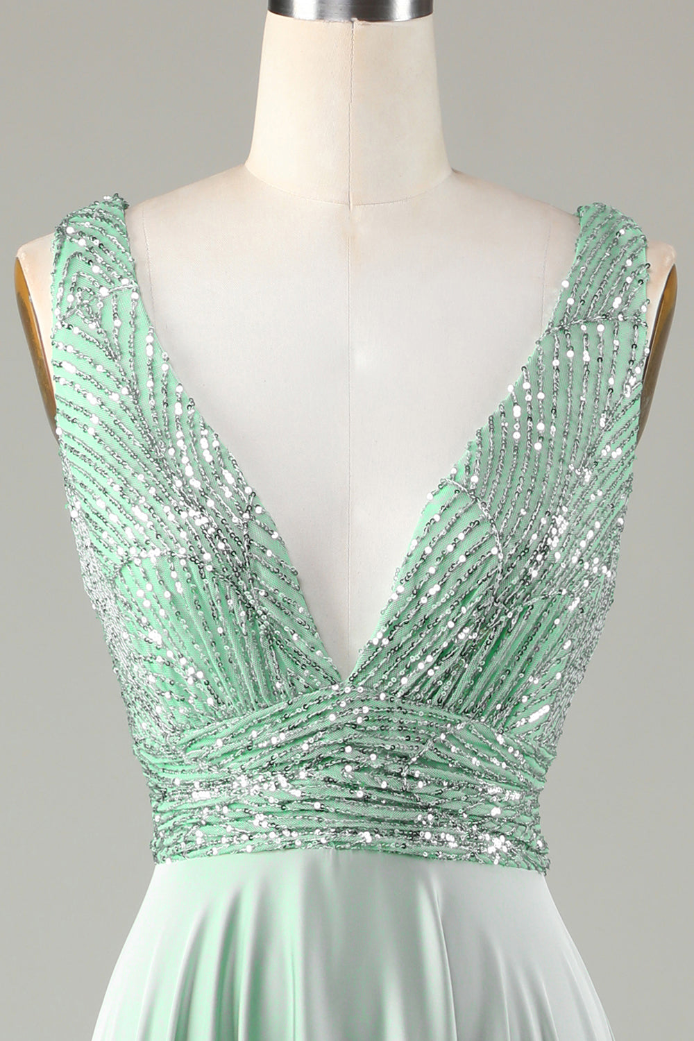 Robe de demoiselle d'honneur à sequins col V scintillante couleur matcha