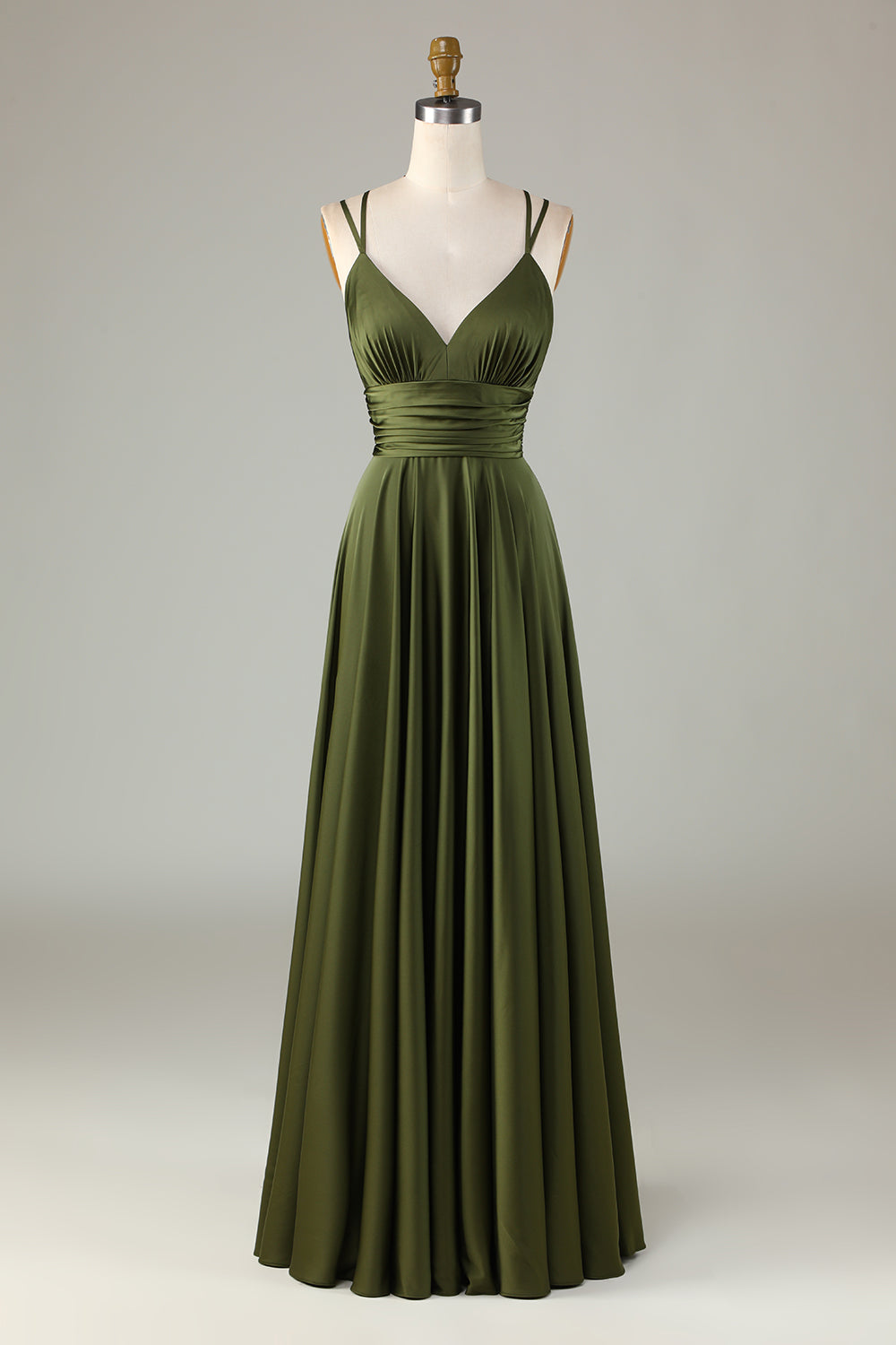 Robe longue de demoiselle d'honneur trapèze sans manches vert olive