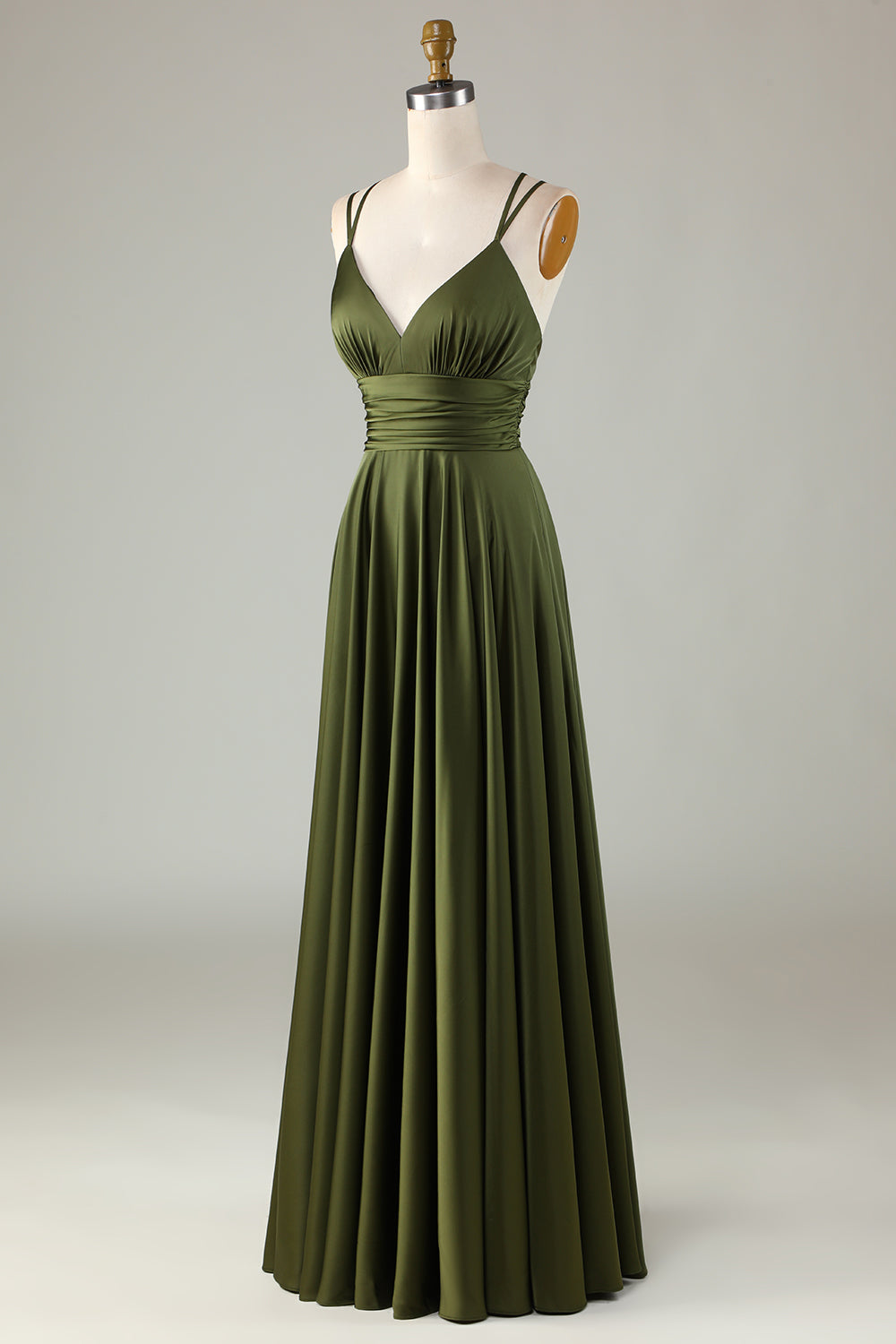 Robe longue de demoiselle d'honneur trapèze sans manches vert olive