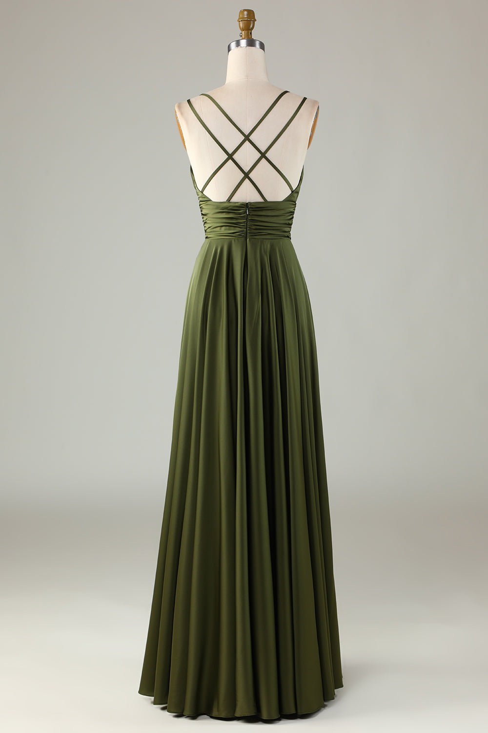 Robe longue de demoiselle d'honneur trapèze sans manches vert olive