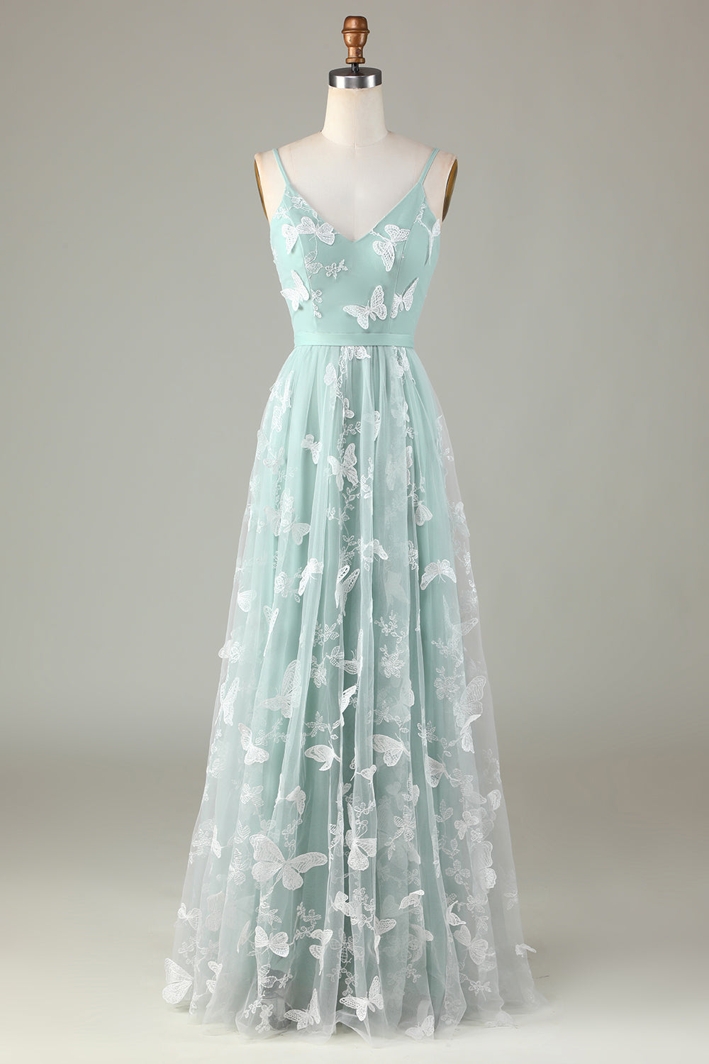 Robe de Demoiselle d'Honneur Longue Matcha à Bretelles Fines avec Appliques Captured Your Heart