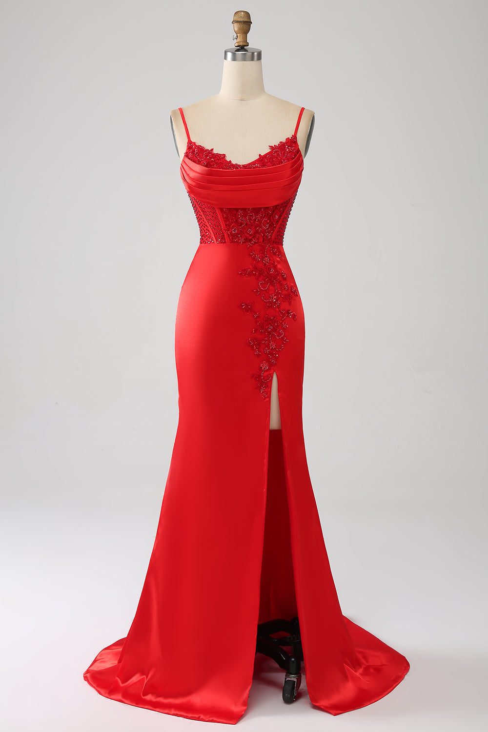 Robe de bal sirène en satin rouge perlée avec fente