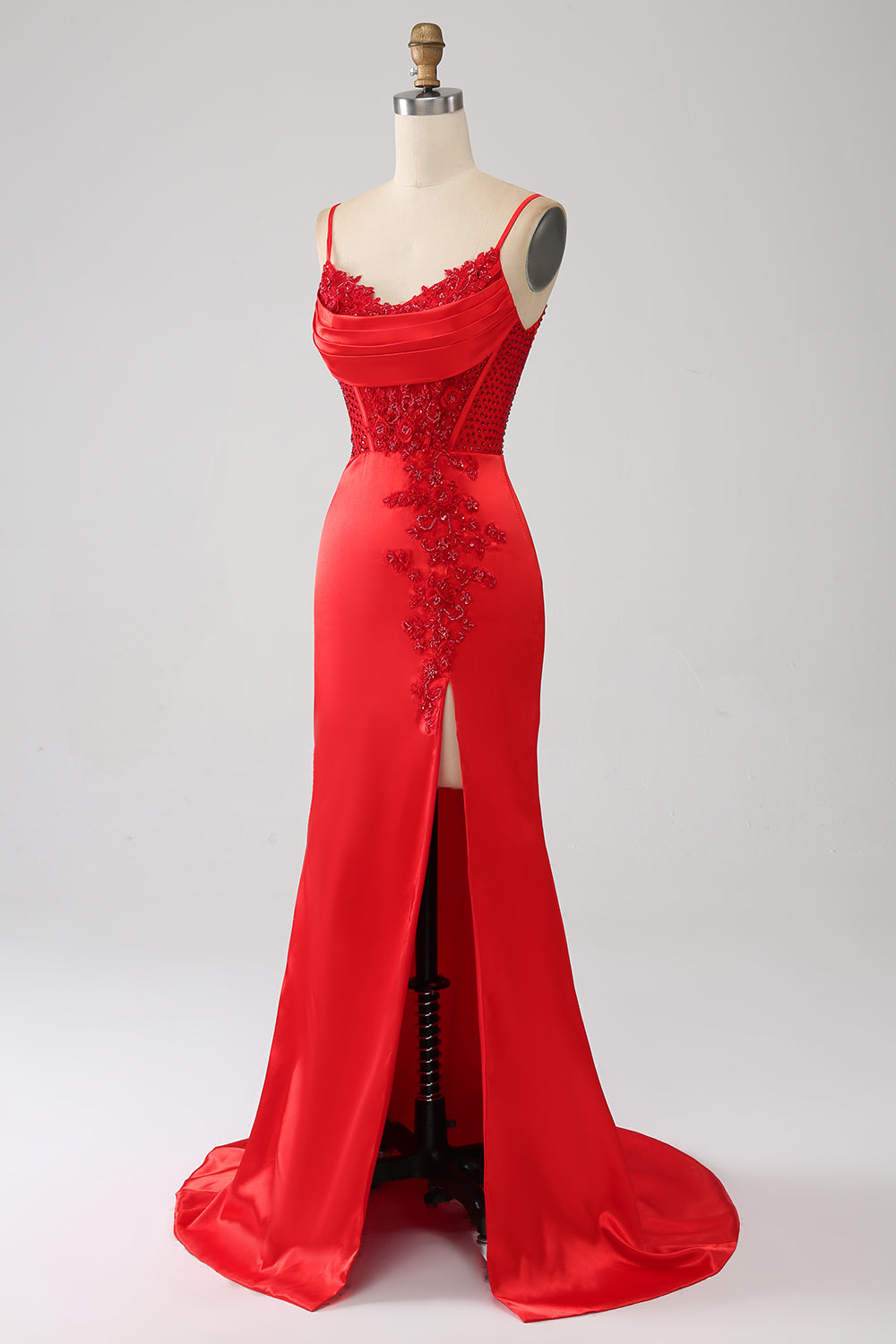 Robe de bal sirène en satin rouge perlée avec fente