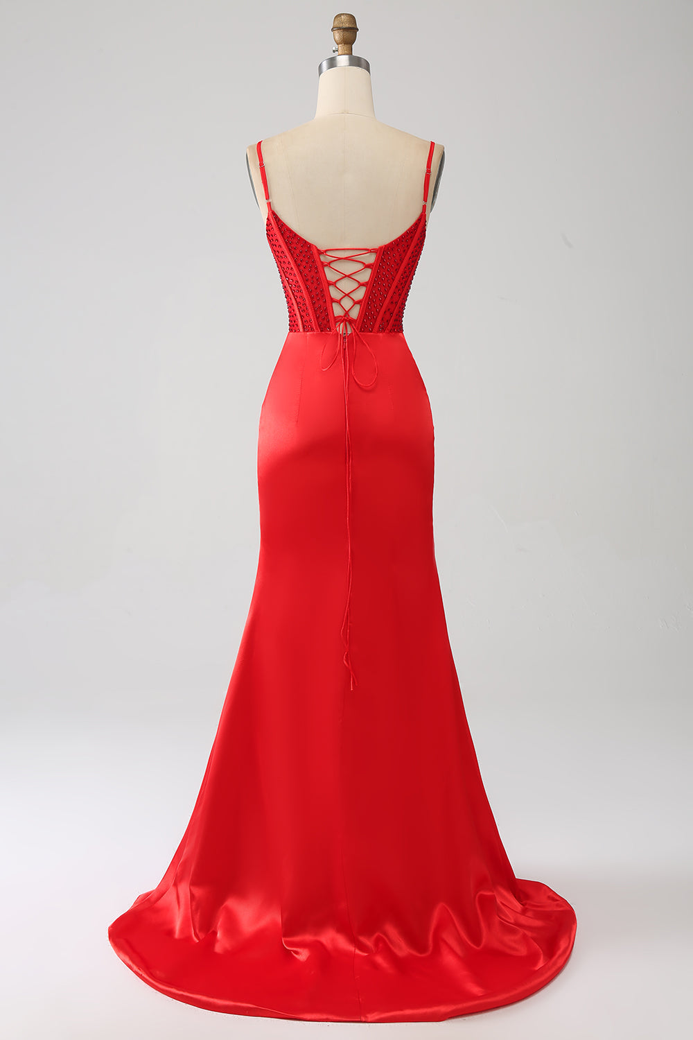 Robe de bal sirène en satin rouge perlée avec fente