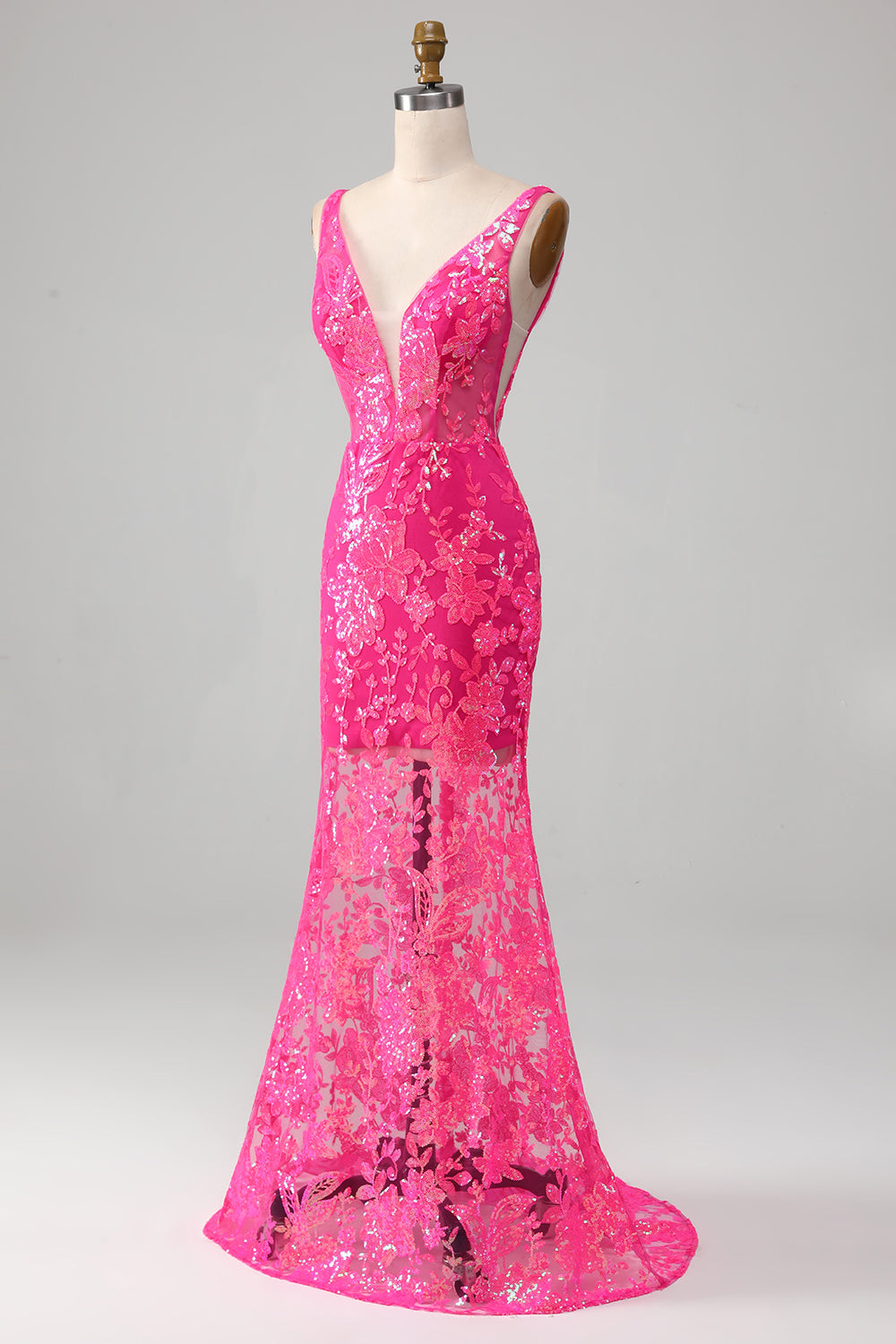 Robe de bal sirène fuchsia avec des paillettes