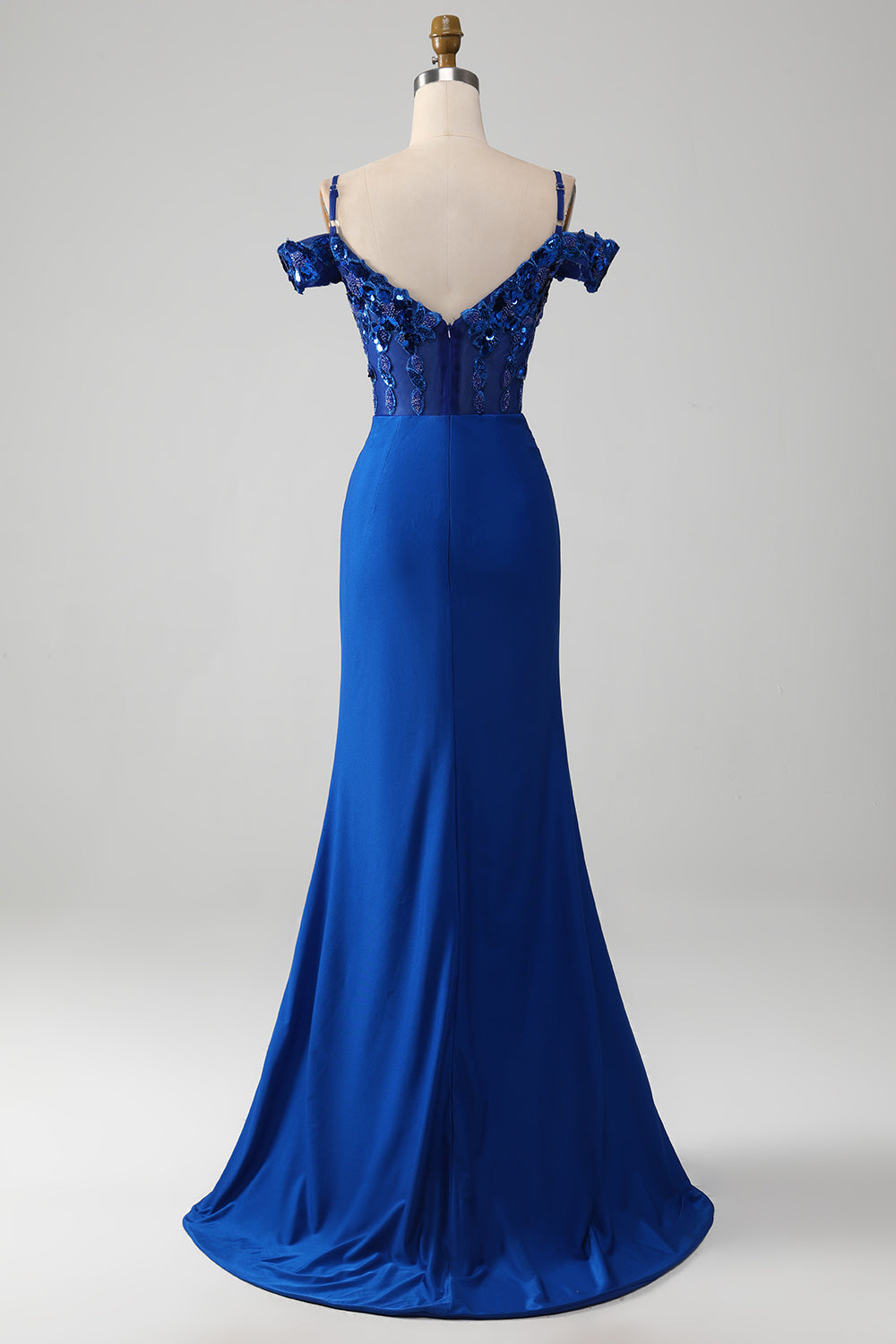 Vestido de fiesta corsé azul rey con cuentas y abertura