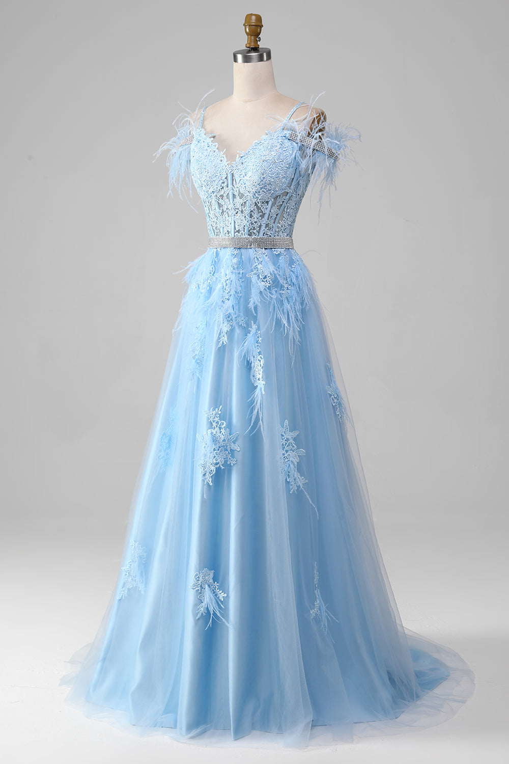 Robe de bal bustier bleu clair coupe trapèze avec strass et appliqués