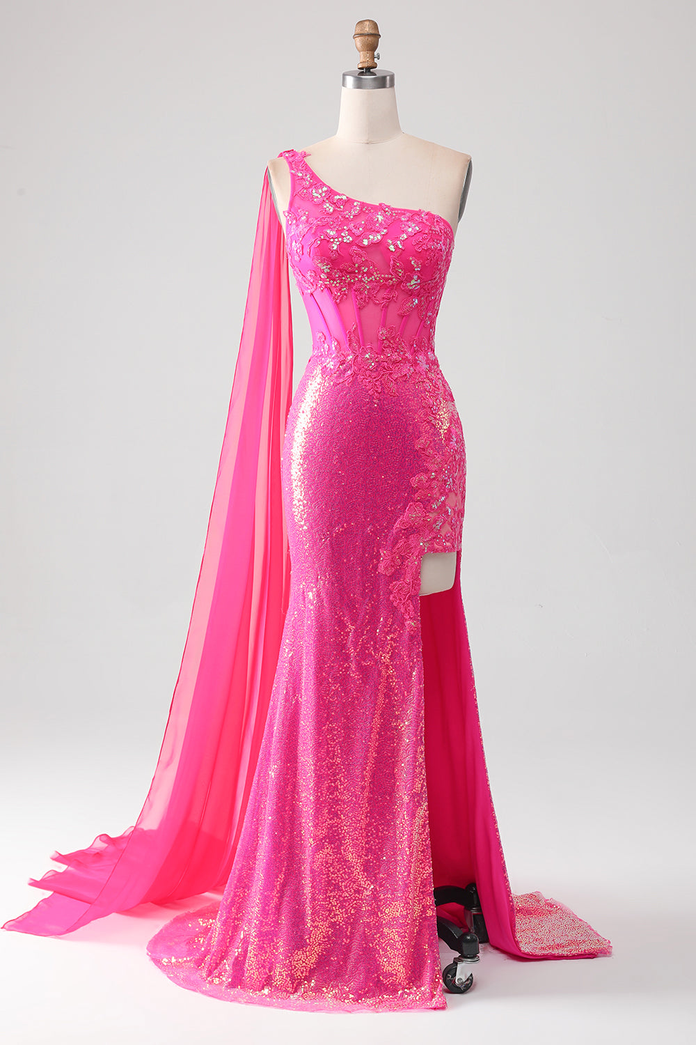 Robe de bal sirène fuchsia pailletée asymétrique avec fente