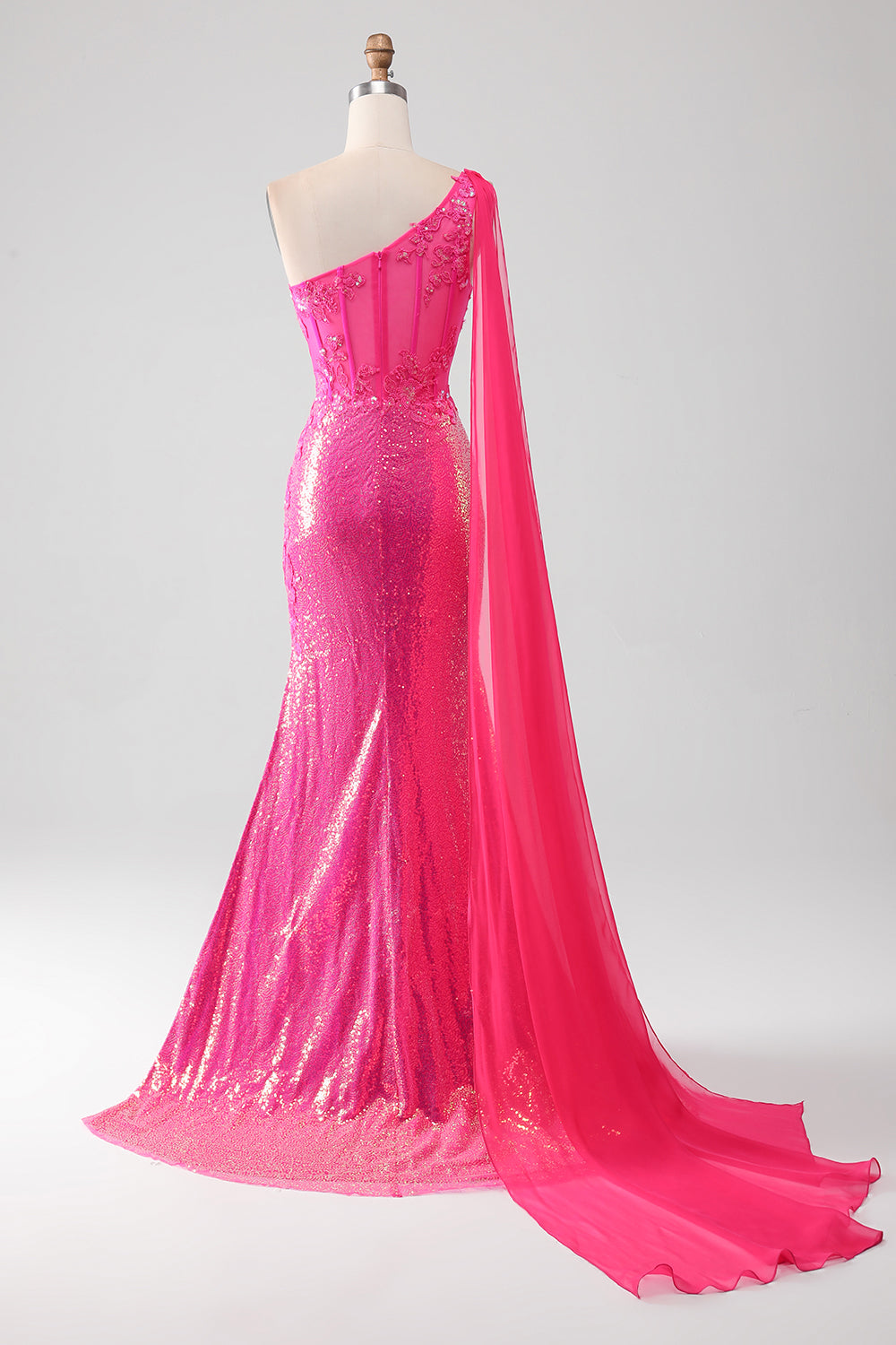 Robe de bal sirène fuchsia pailletée asymétrique avec fente