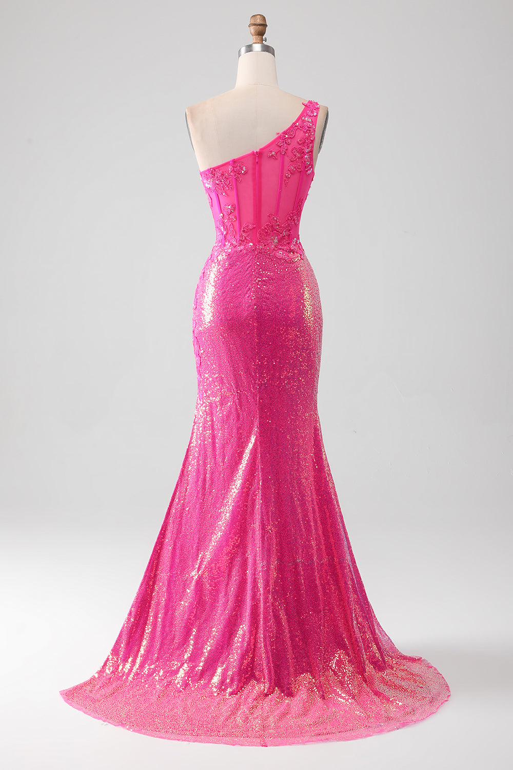 Robe de bal sirène fuchsia pailletée asymétrique avec fente