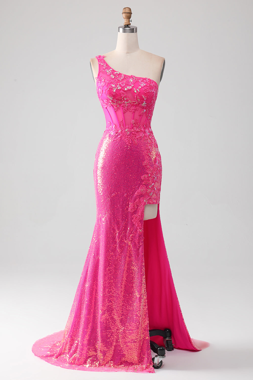 Robe de bal sirène fuchsia pailletée asymétrique avec fente