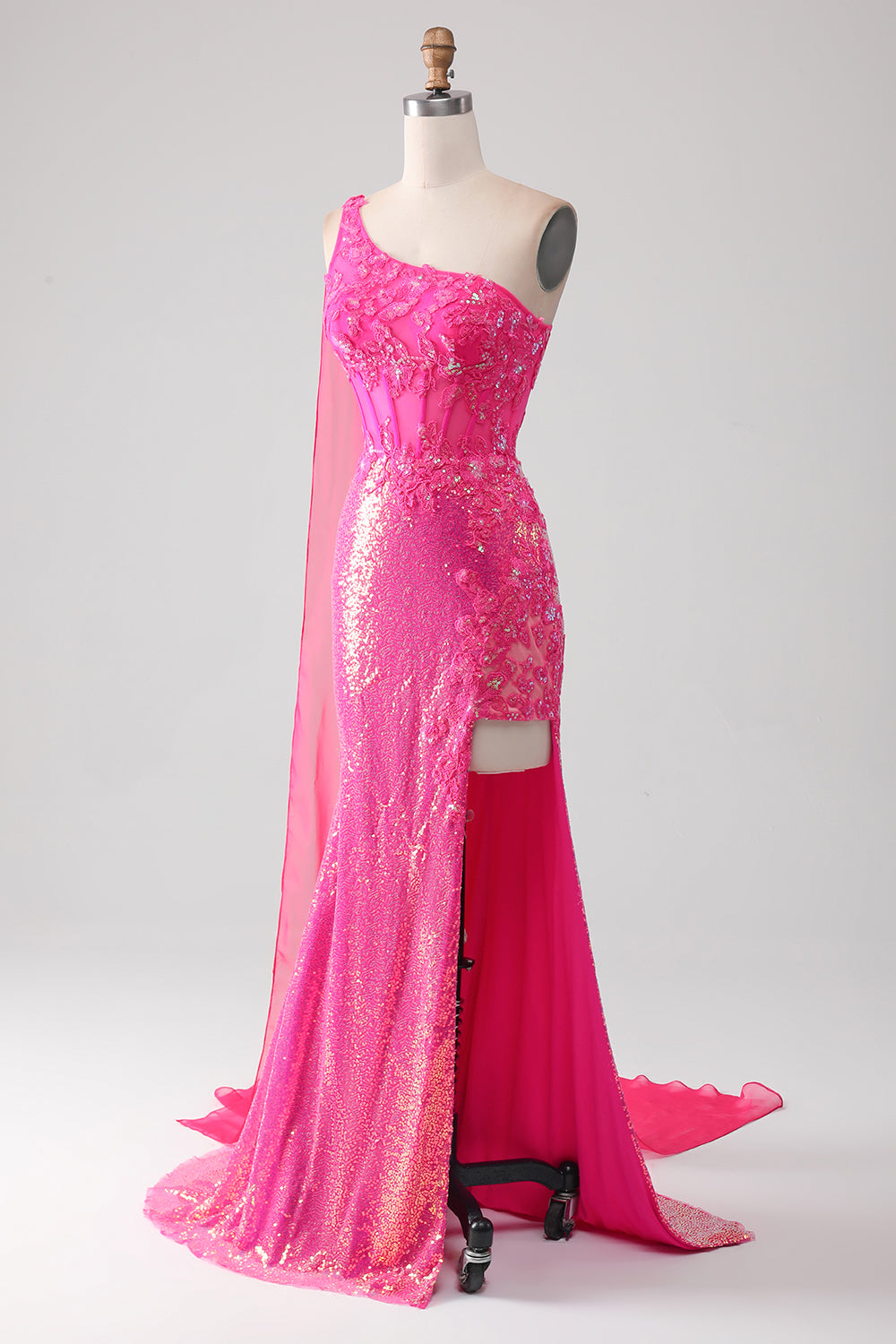 Robe de bal sirène fuchsia pailletée asymétrique avec fente
