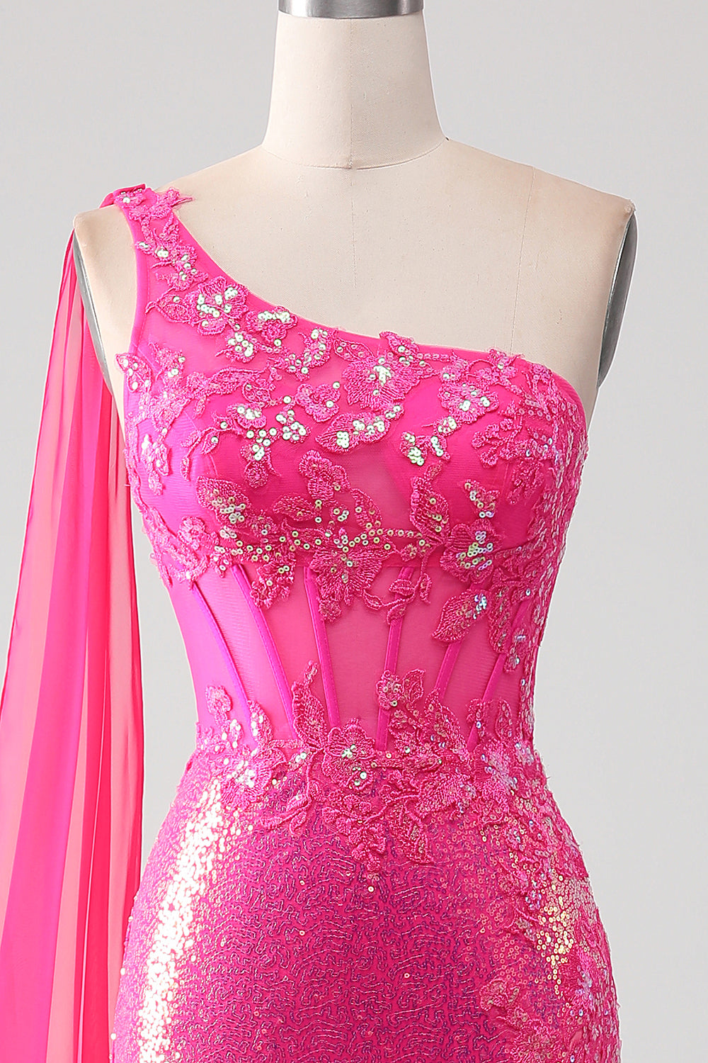 Robe de bal sirène fuchsia pailletée asymétrique avec fente