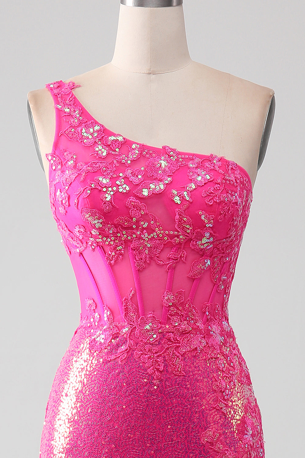 Robe de bal sirène fuchsia pailletée asymétrique avec fente