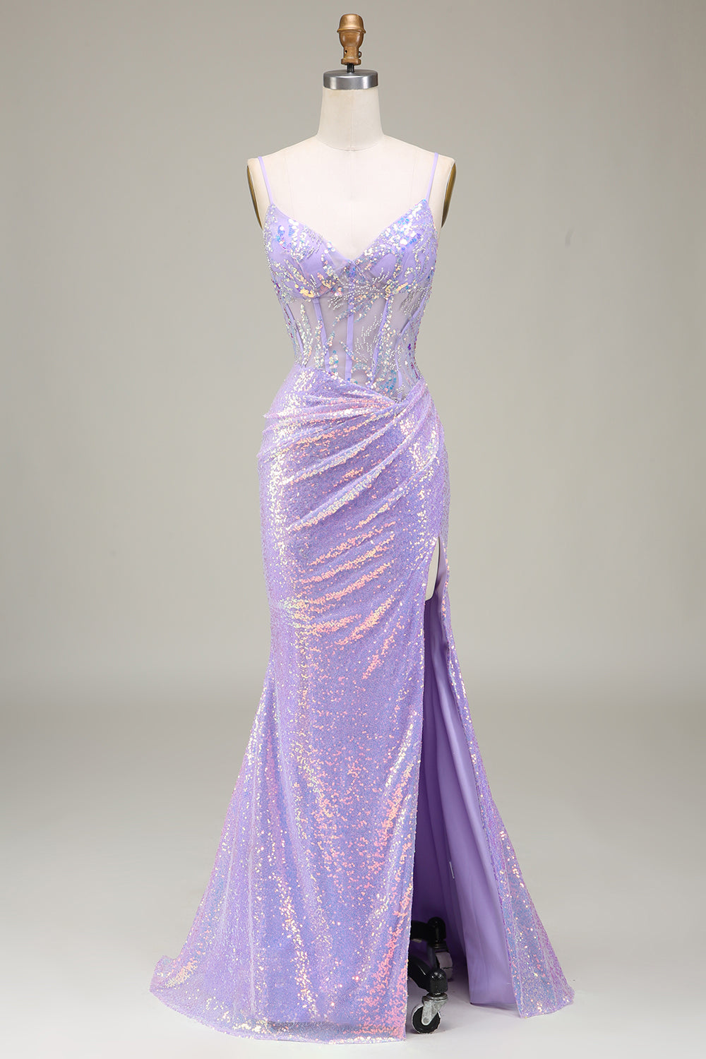 Robe de bal corset sirène violet clair scintillante avec fente