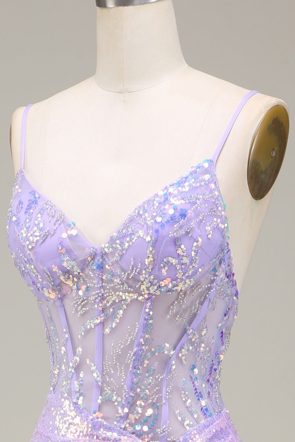 Robe de bal corset sirène violet clair scintillante avec fente