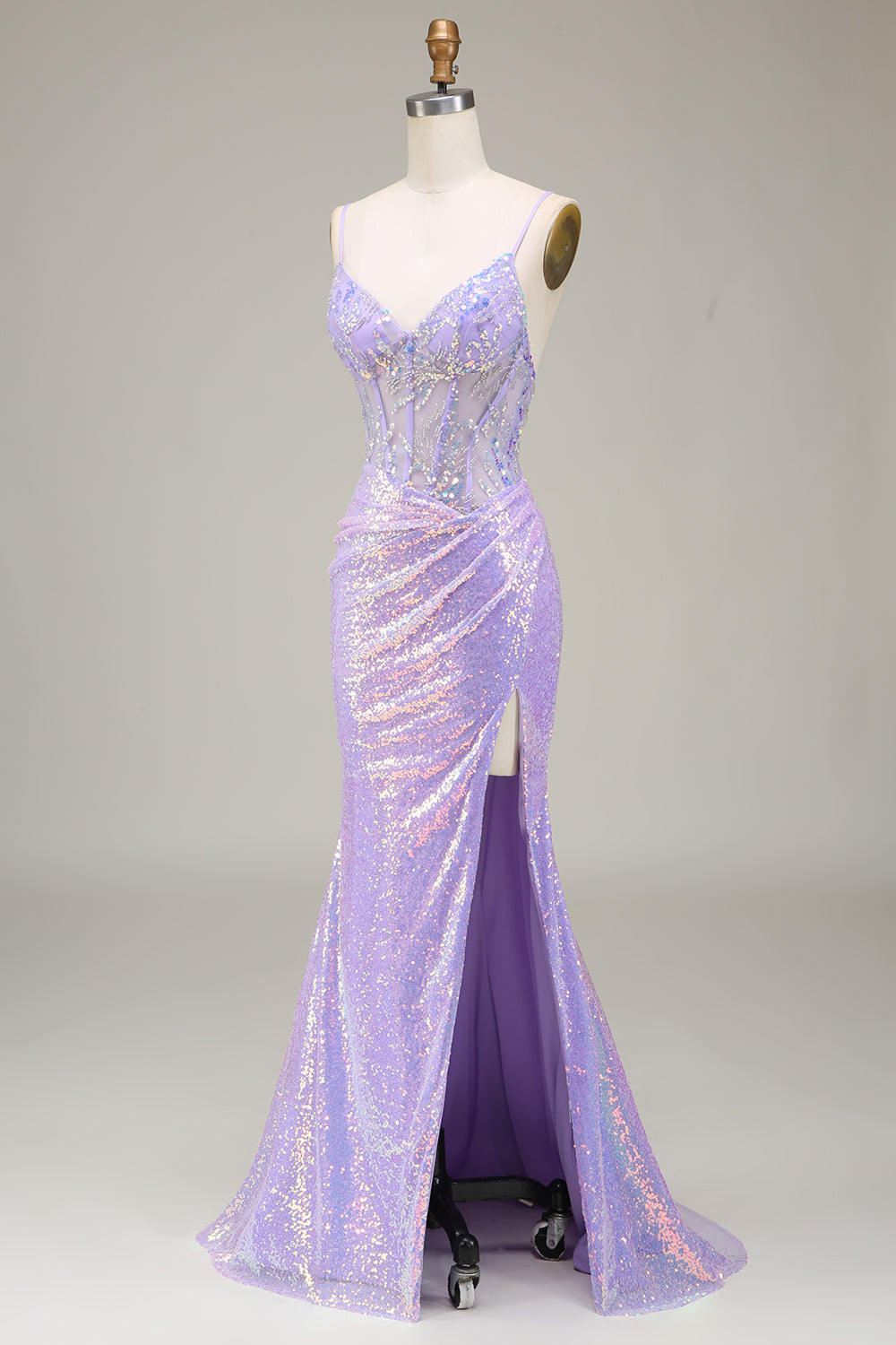 Robe de bal corset sirène violet clair scintillante avec fente