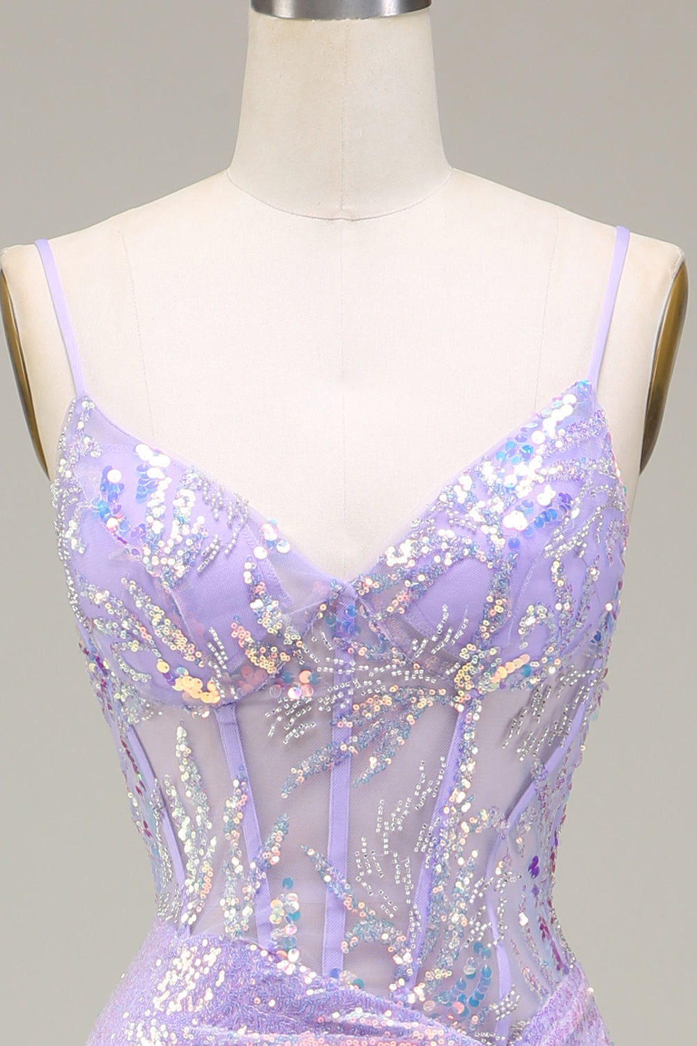 Robe de bal corset sirène violet clair scintillante avec fente