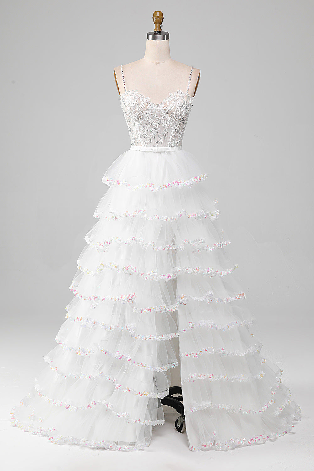 Robe De Bal Longue Corset Coupe Trapèze Étincelante Blanche À Niveaux Avec Fente
