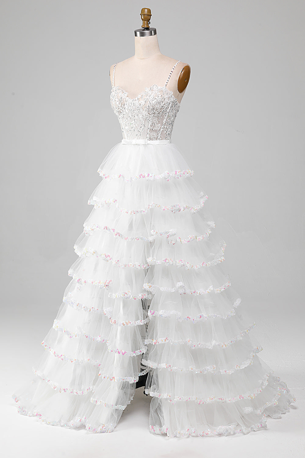 Robe De Bal Longue Corset Coupe Trapèze Étincelante Blanche À Niveaux Avec Fente