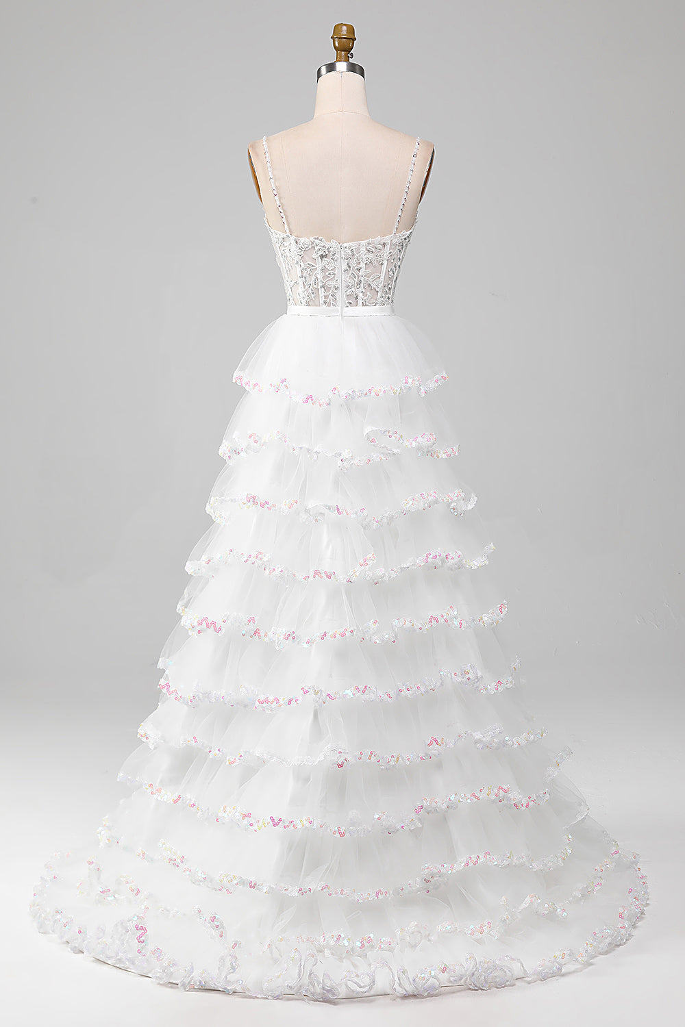 Robe De Bal Longue Corset Coupe Trapèze Étincelante Blanche À Niveaux Avec Fente