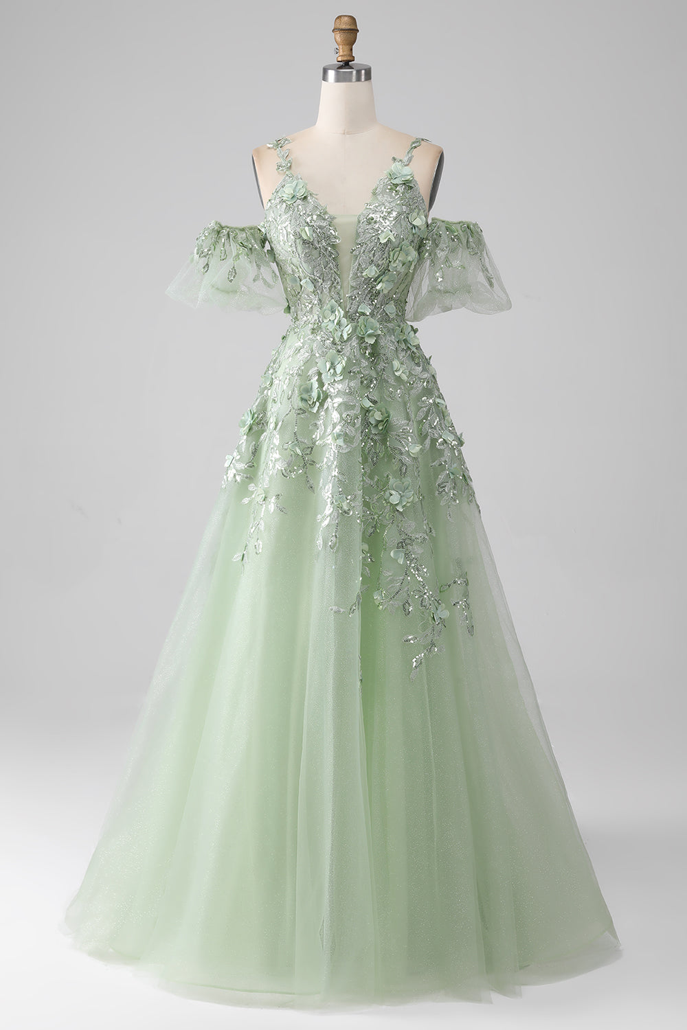 Robe de bal longue corset coupe A en satin sauge avec manches détachables et fleurs