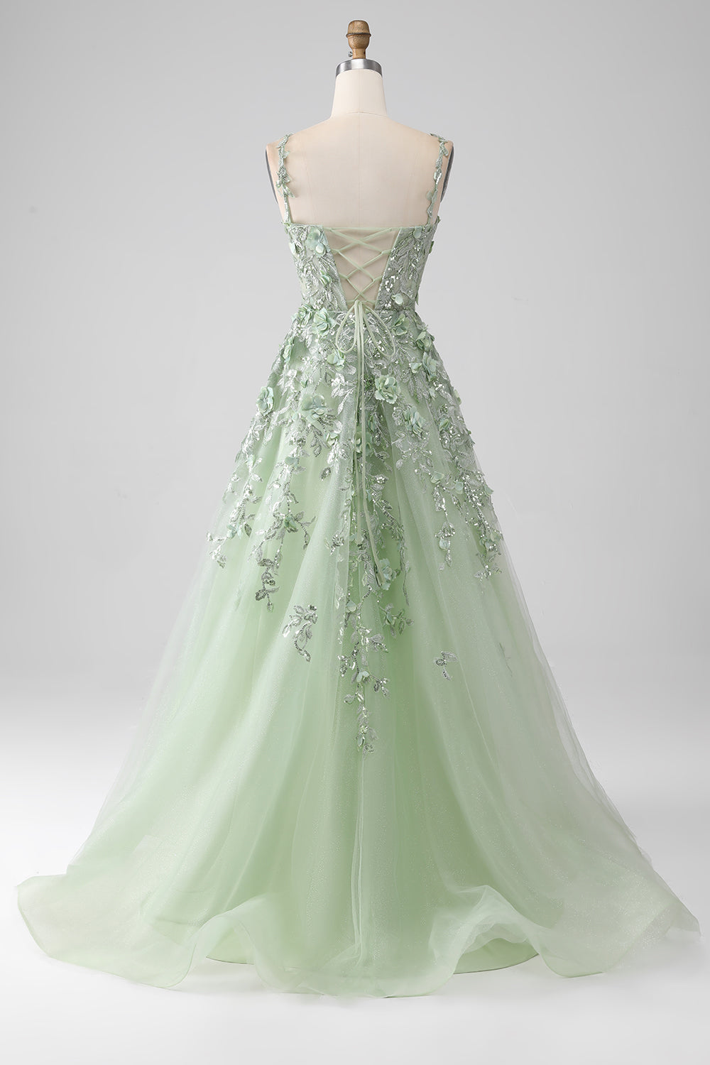 Robe de bal longue corset coupe A en satin sauge avec manches détachables et fleurs
