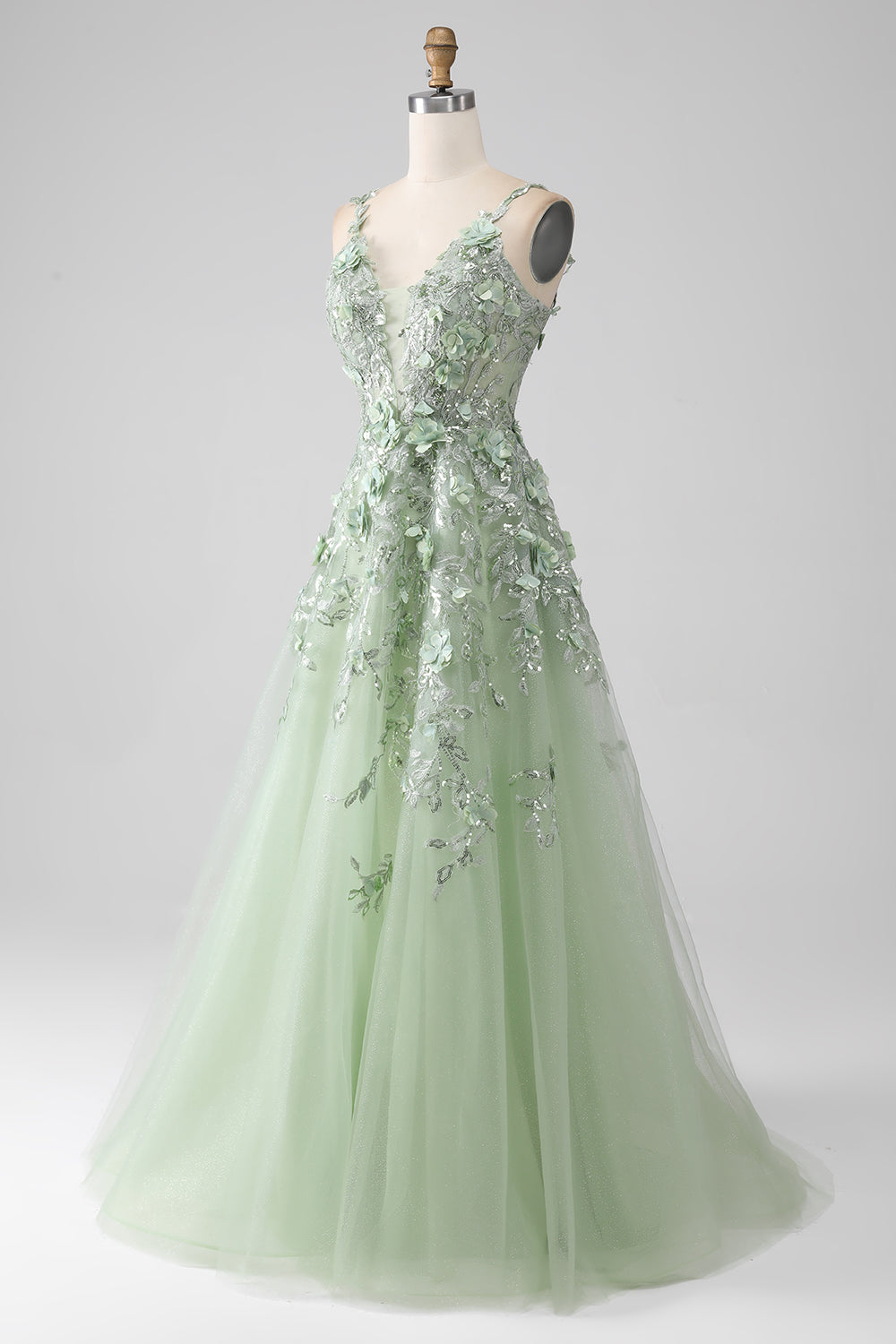 Robe de bal longue corset coupe A en satin sauge avec manches détachables et fleurs