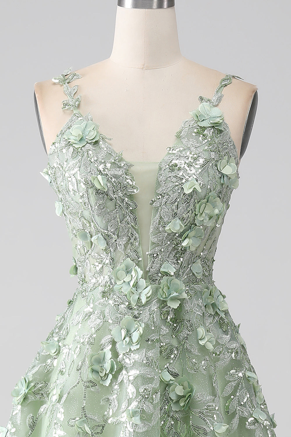 Robe de bal longue corset coupe A en satin sauge avec manches détachables et fleurs