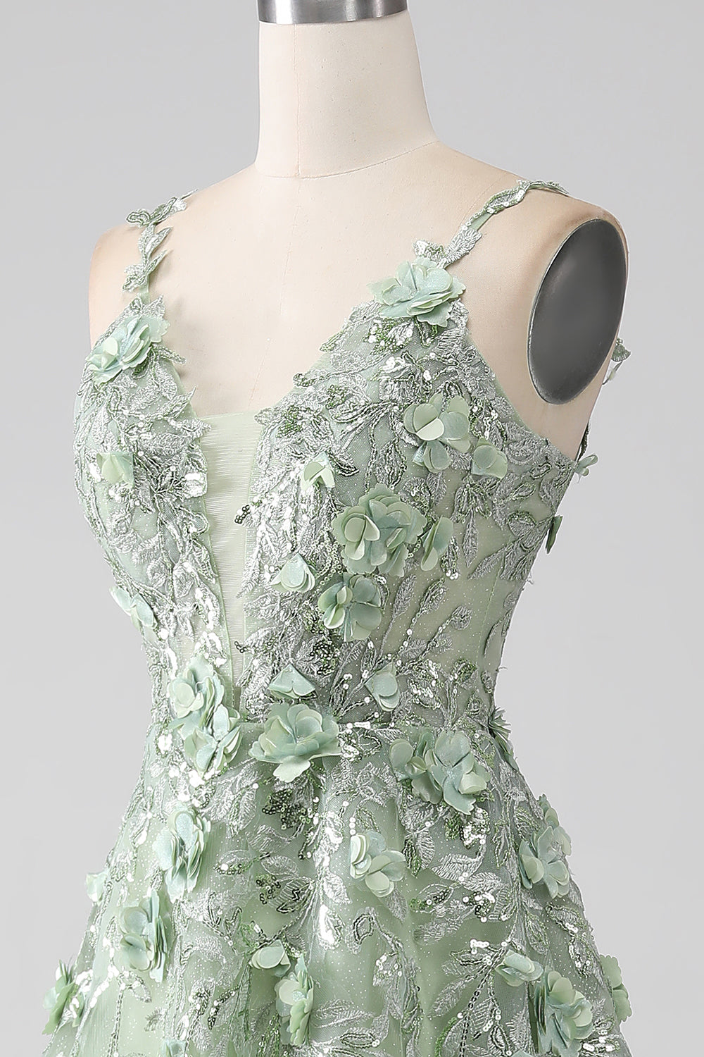 Robe de bal longue corset coupe A en satin sauge avec manches détachables et fleurs