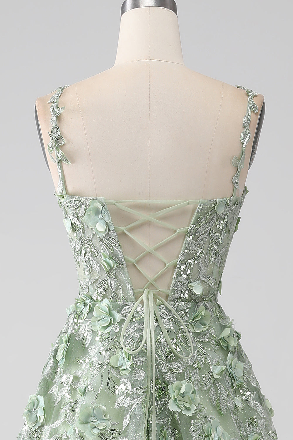 Robe de bal longue corset coupe A en satin sauge avec manches détachables et fleurs