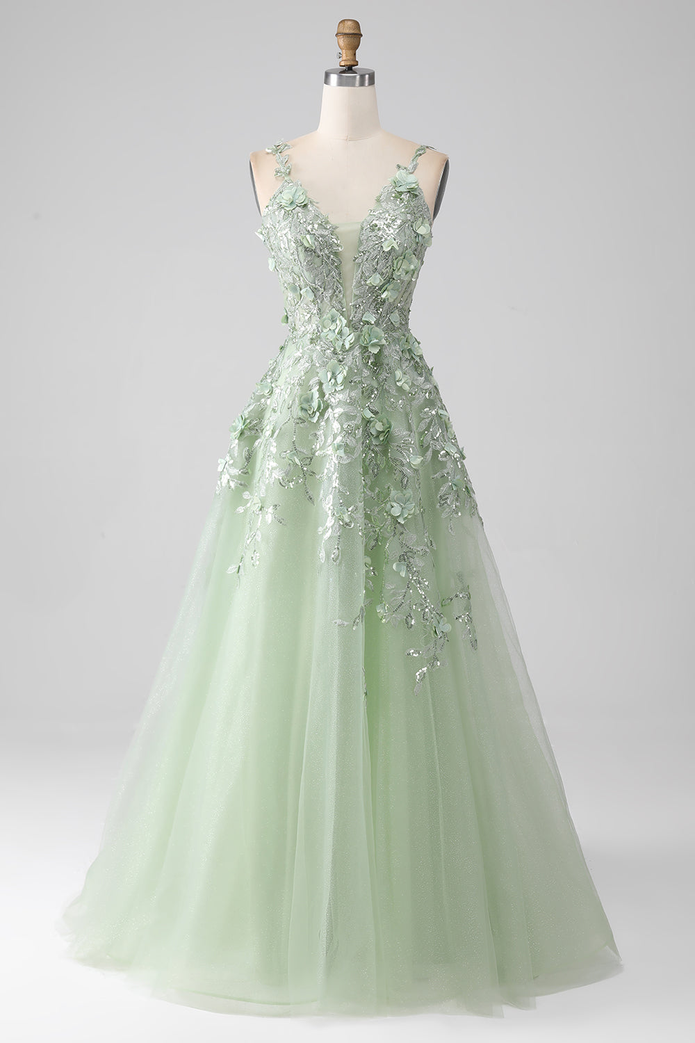 Robe de bal longue corset coupe A en satin sauge avec manches détachables et fleurs
