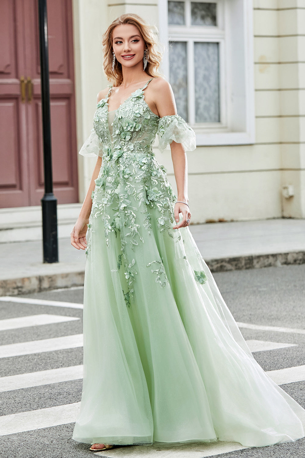 Robe de bal en tulle verte à manches amovibles et appliques