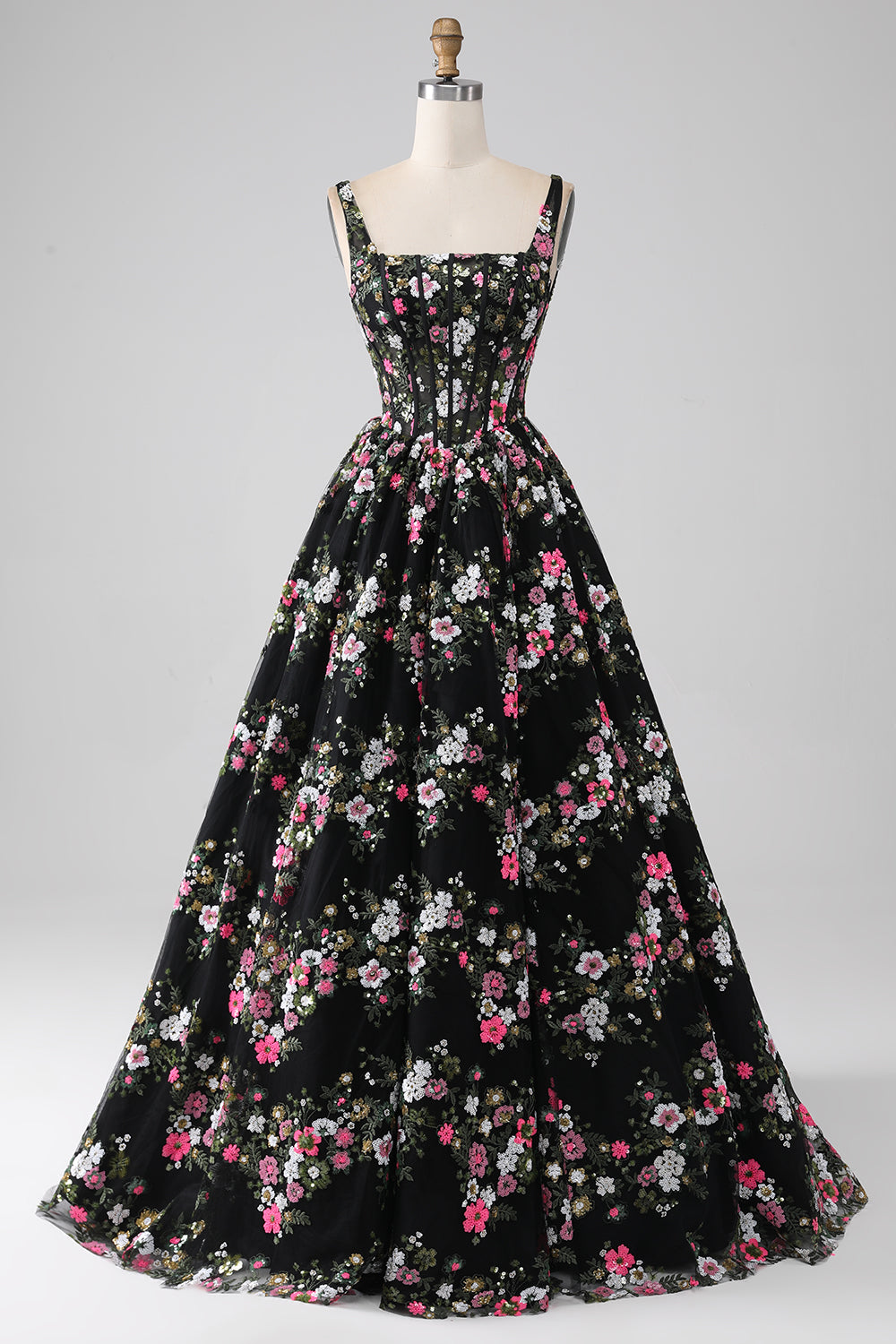 Charmante robe de bal noire ligne A col carré avec corset et appliques