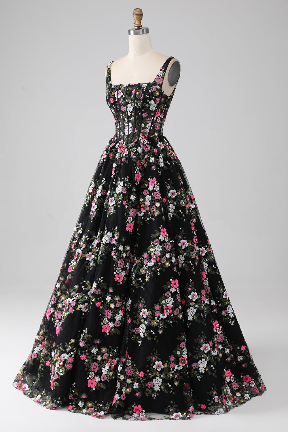 Charmante robe de bal noire ligne A col carré avec corset et appliques