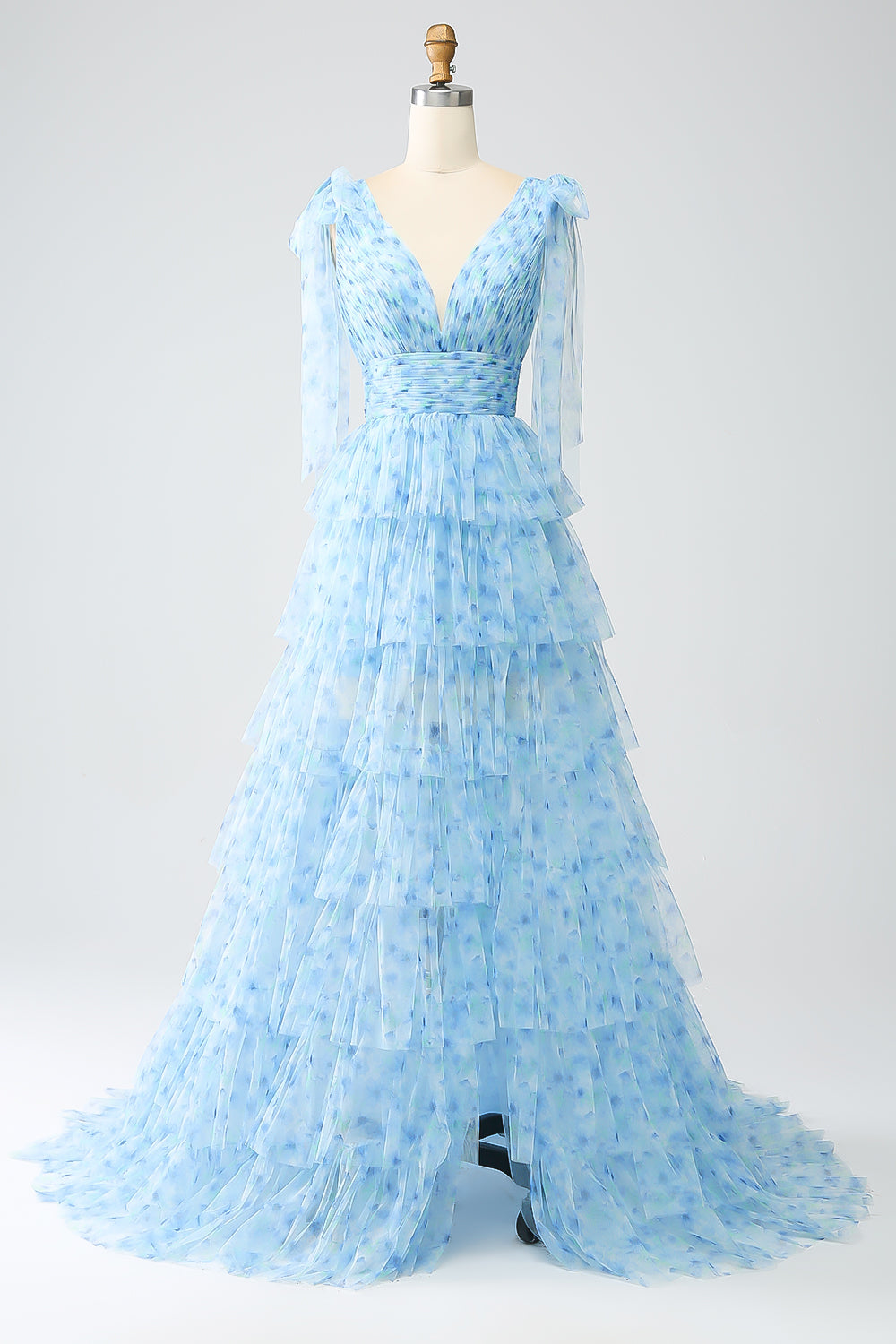 Robe de bal trapèze bleu clair à encolure en V et volants