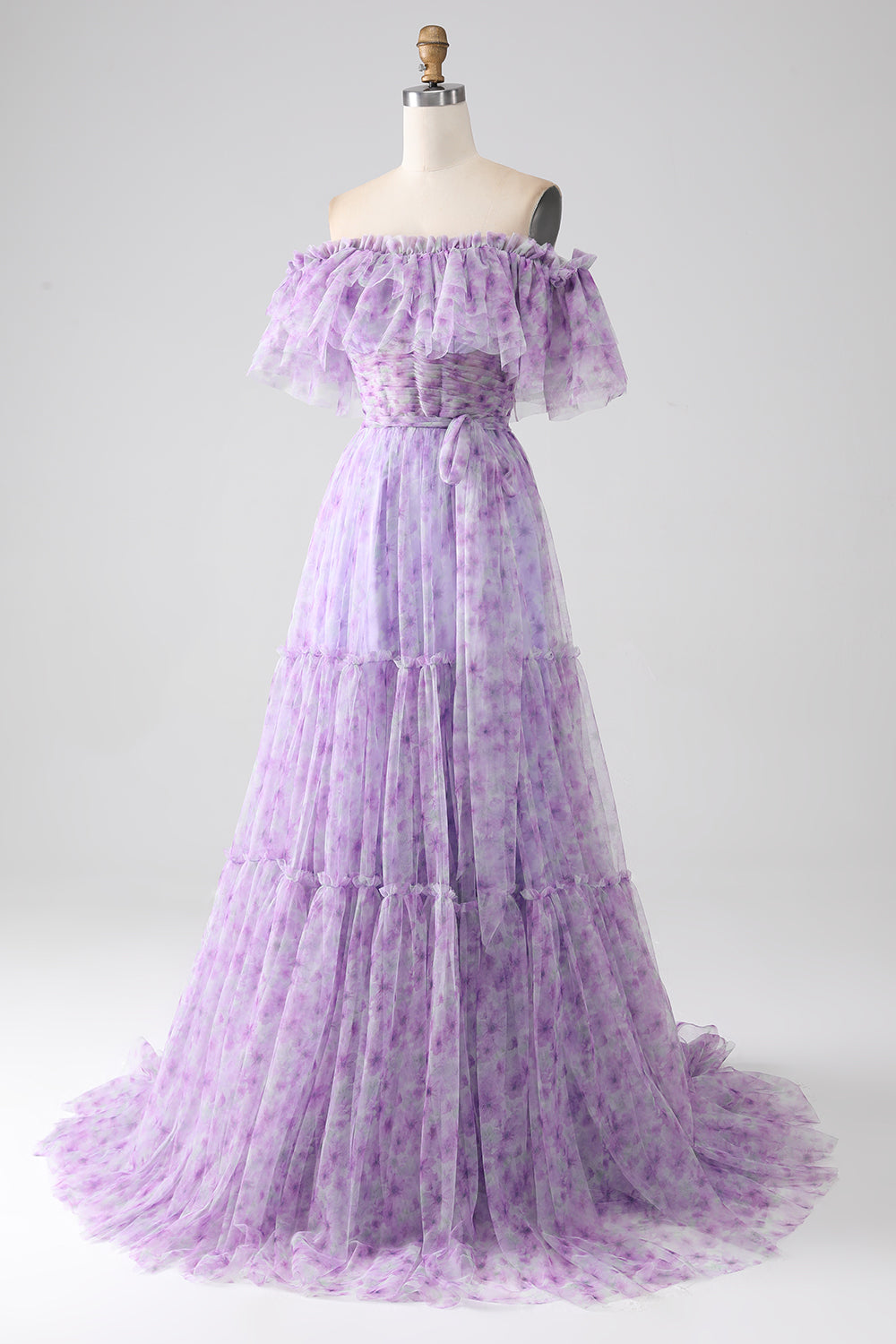 Robe de bal longue lilas florale à volants et épaules dénudées