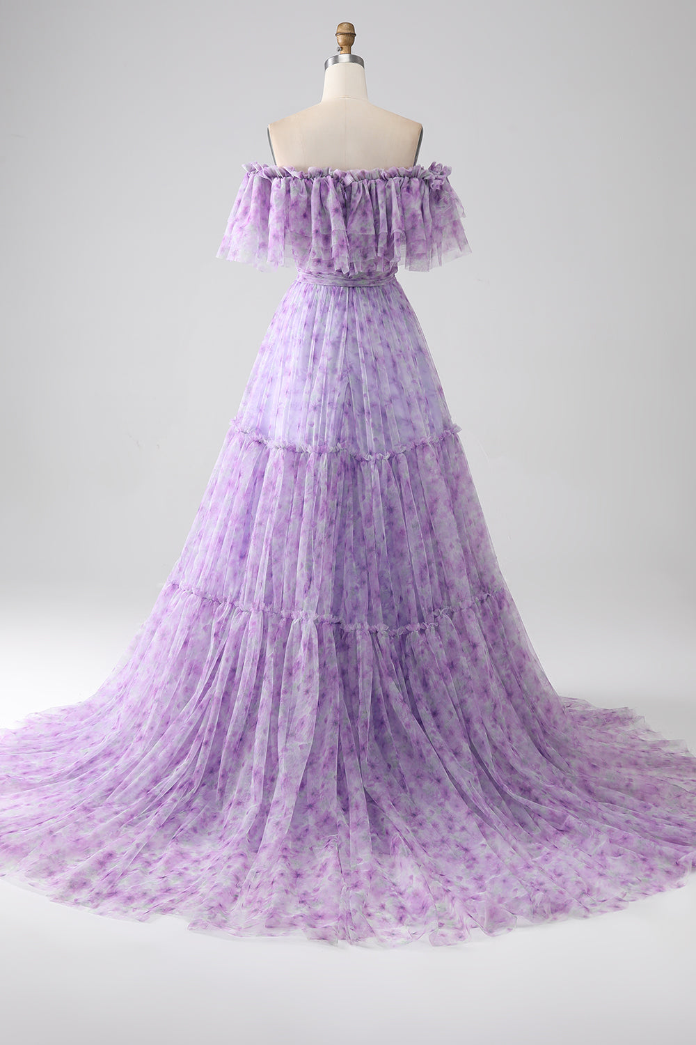 Robe de bal longue lilas florale à volants et épaules dénudées
