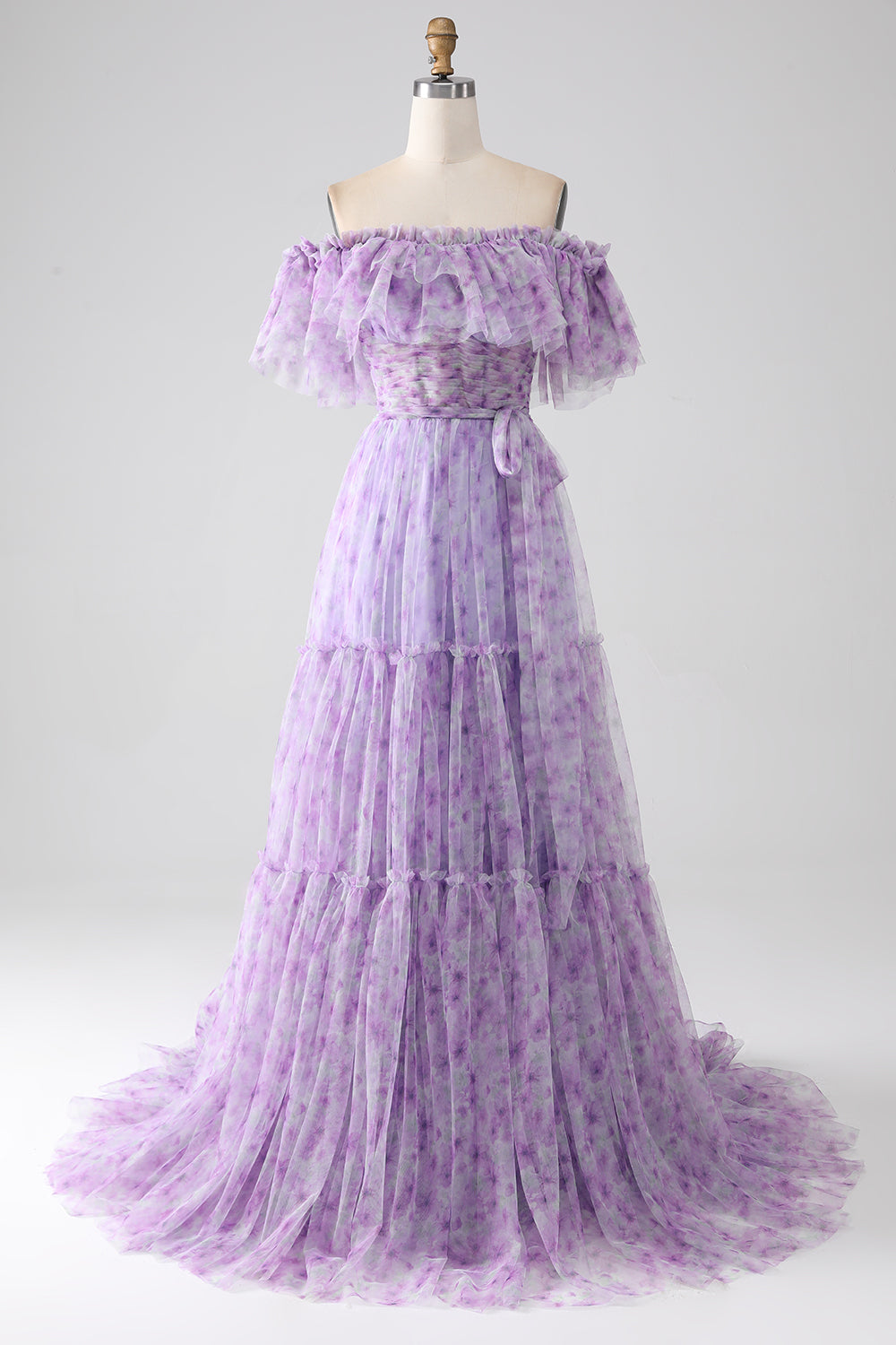 Robe de bal longue lilas florale à volants et épaules dénudées