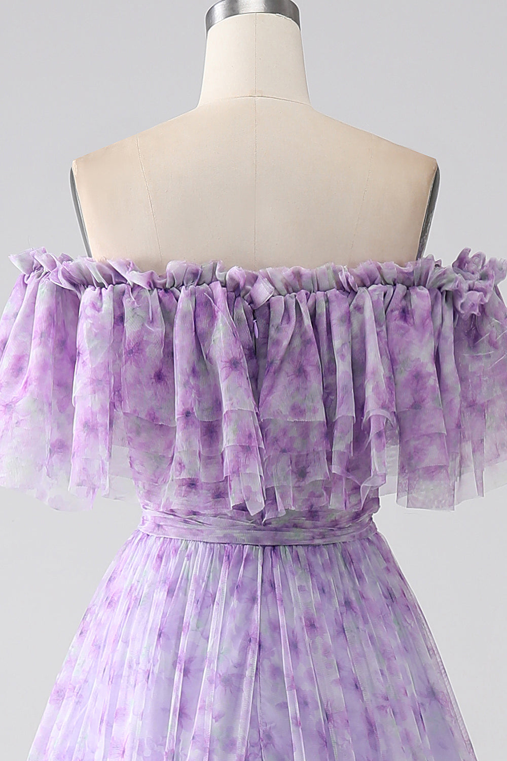 Robe de bal longue lilas florale à volants et épaules dénudées