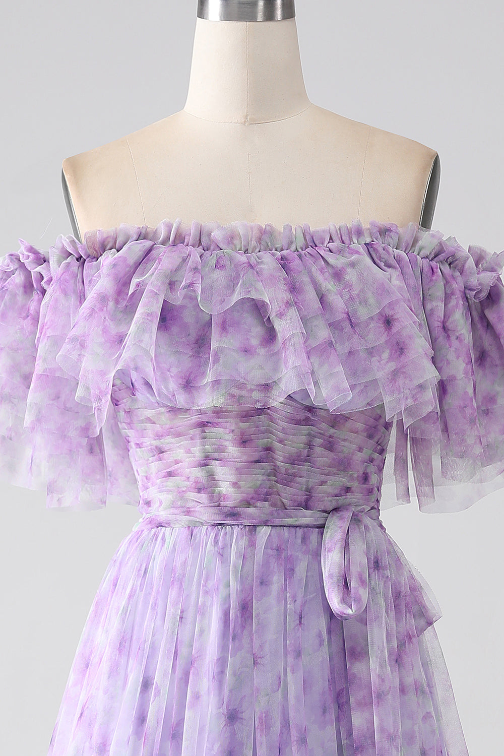 Robe de bal longue lilas florale à volants et épaules dénudées