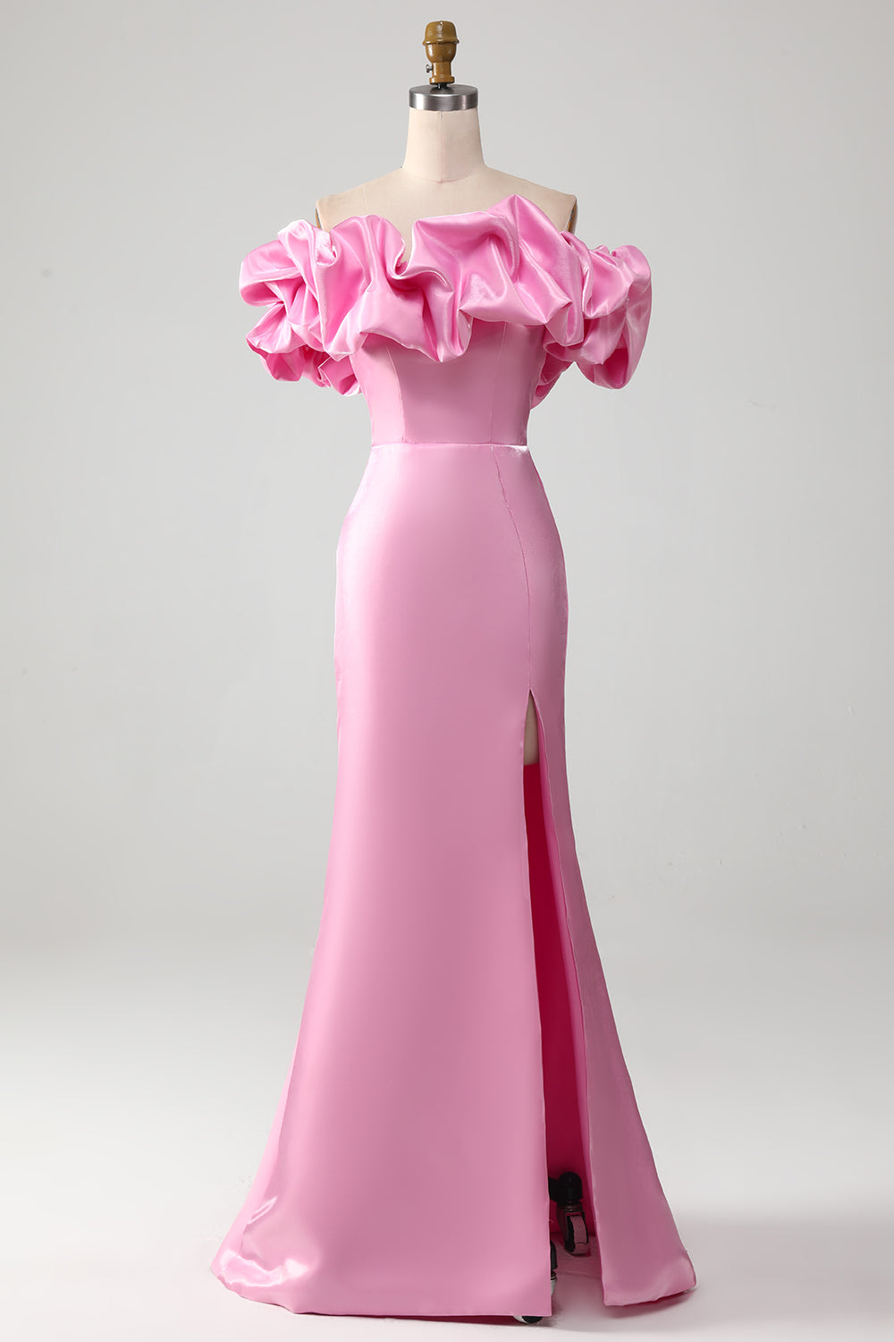 Robe de bal sirène rose à épaules dénudées avec volants