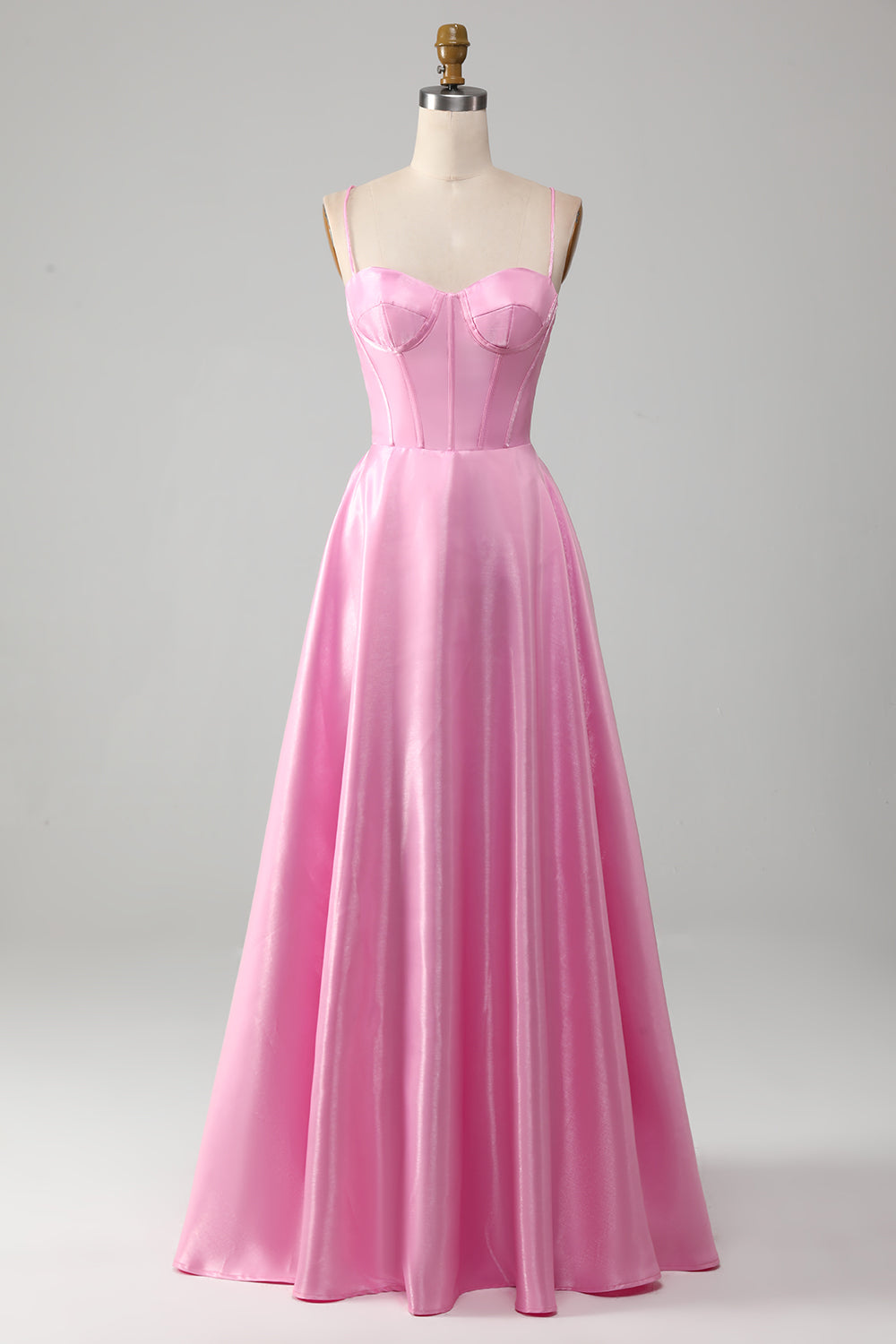 Robe de bal corset rose à fines bretelles et coupe trapèze
