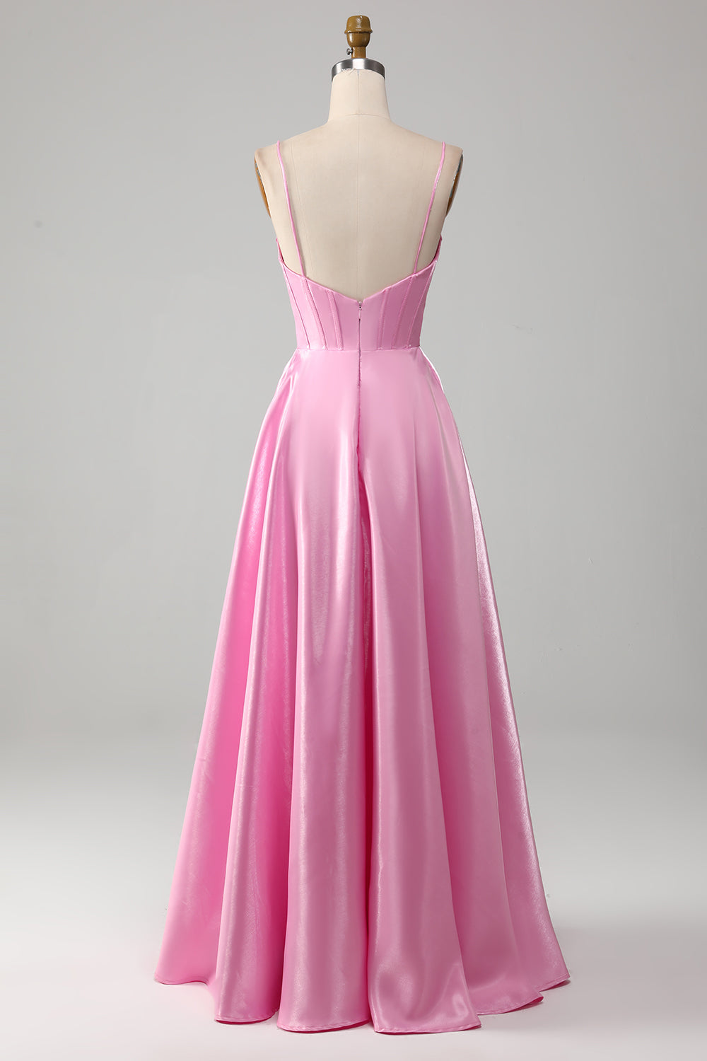 Robe de bal corset rose à fines bretelles et coupe trapèze