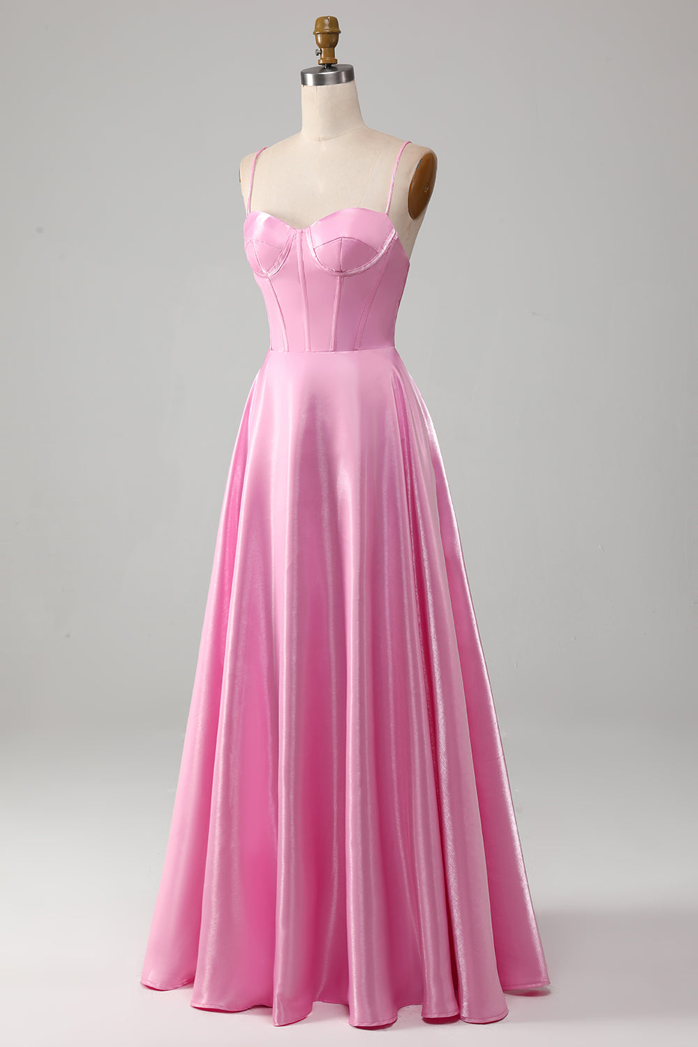 Robe de bal corset rose à fines bretelles et coupe trapèze